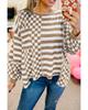 Khaki Checkerboard Striped Patchwork Lantern Sleeve Pocketed Blouse