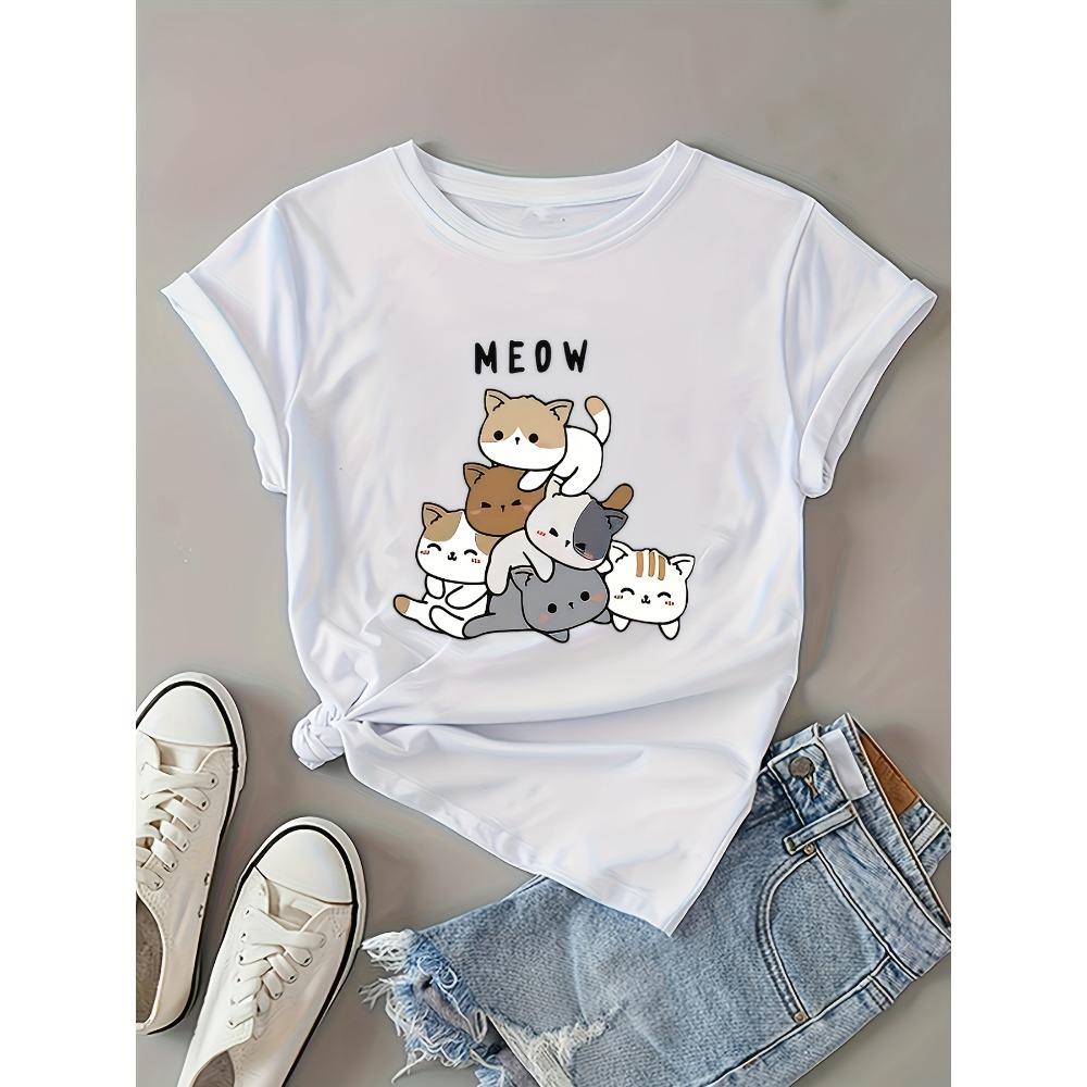 Женские хлопковые футболки с коротким рукавом MEOW Кот Стопка Женская футболка Милая Кавайная Графическая Повседневная Топ для любителей кошек