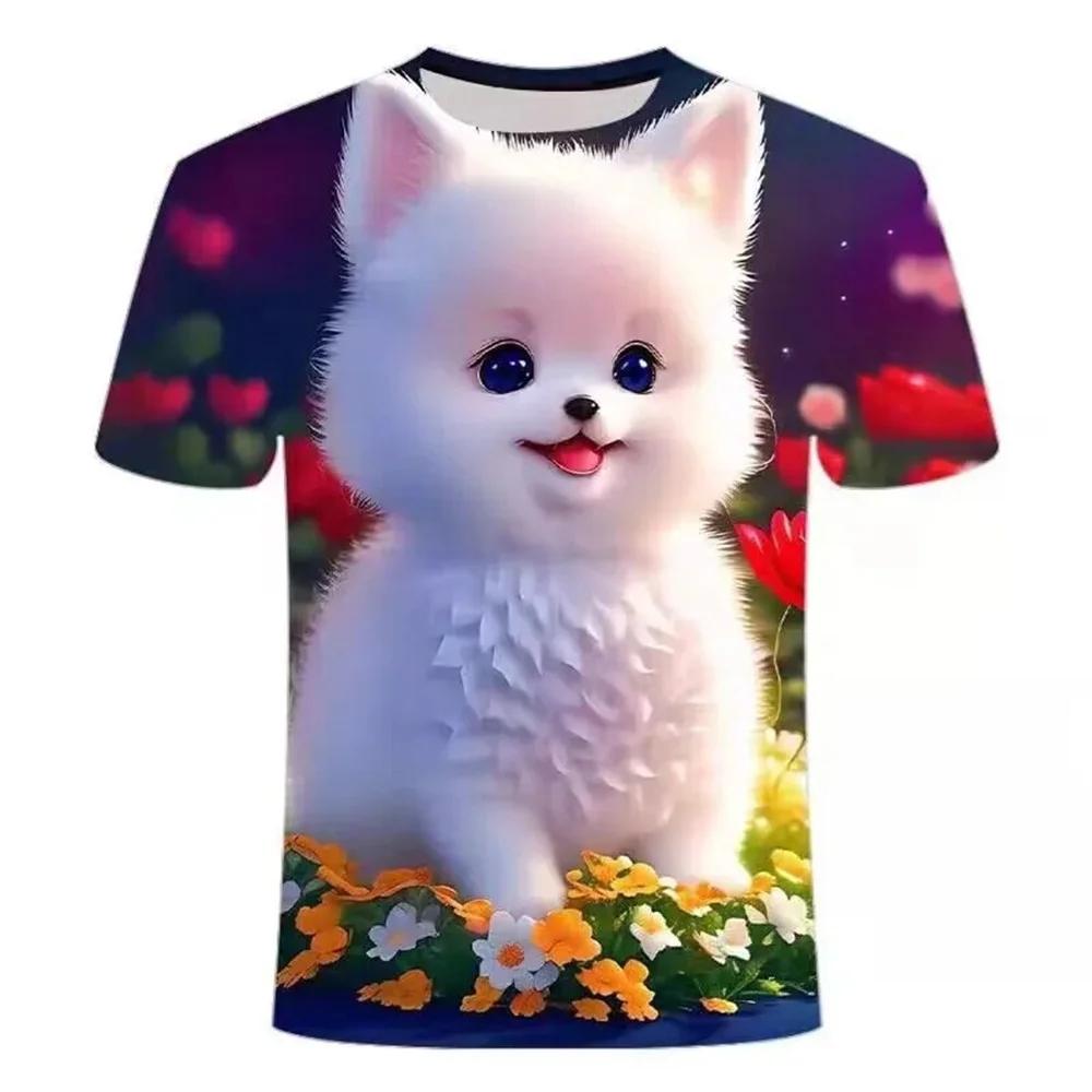 Cute Fluffy Cat Cartoon Fashion 3D Short-Sleeve T-Shirt for Kids, Beautiful Summer Girl's Versatile Colorful Top