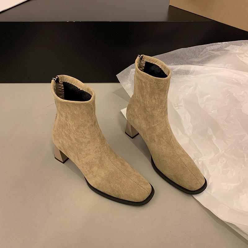 Новые туфли на высоком каблуке из тонкой замши, женские ботинки Martin, короткие ботильоны, бархатные ботильоны, осенне-зимняя квадратная головка, корейская мода