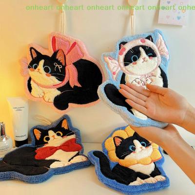 [C] Мультяшное коралловое бархатное полотенце для рук для кухни Кавайный кот Салфетка для рук Тряпка для чистки Полотенце для ванной на вешалке Впитывающая чистая тряпка