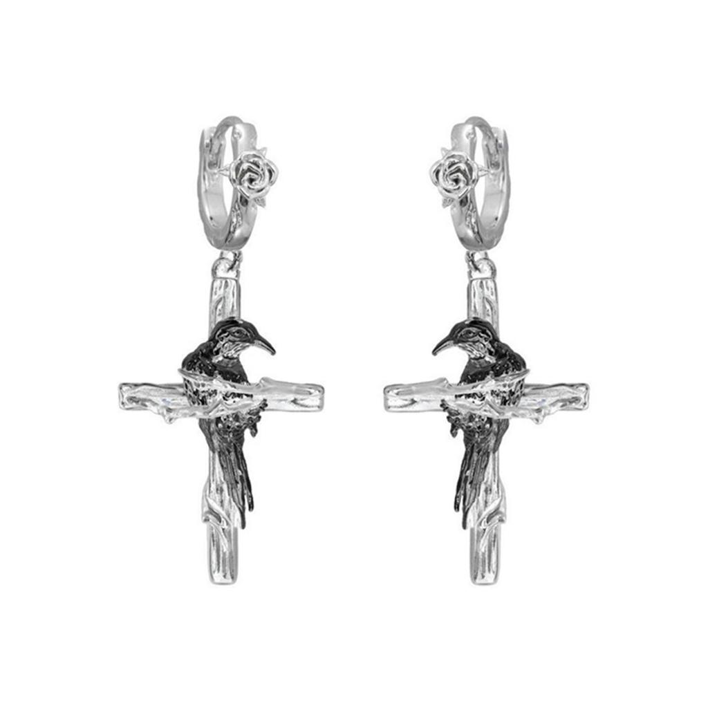 Gothic Cross Raven Punk Earrings Edgy Dark Jewelry Unique Design Ear Studs Alloy Hypoallergenic Ear Jewelry for Women