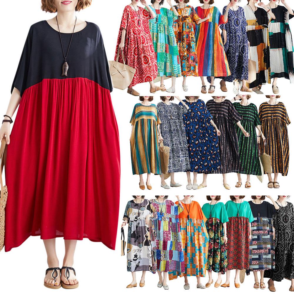 Vintage Women Cotton Linen Dress Print Spliced Striped O Neck Short Sleeve Pocket Loose Dress