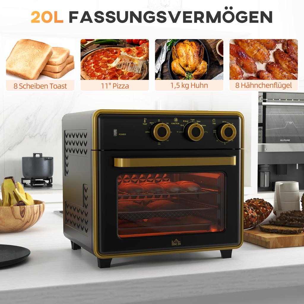 Mini Oven, 20 Liters, Oil-Free Frying, Grilling, Baking, Convection, 90-230 degrees C, Timer, 1400W, Black+Gold