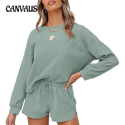 Женский весенний однотонный круглый вырез домашний костюм повседневный с длинным рукавом на шнурке