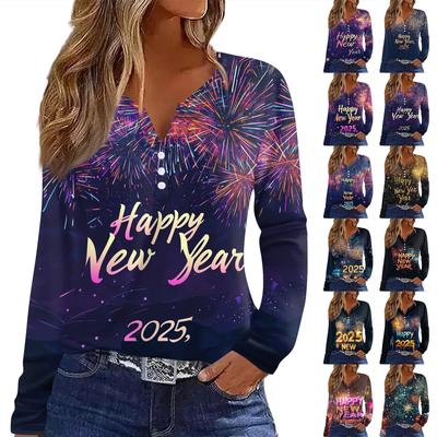 Жен. Футболка Футболка С принтом Пуговицы Длинный рукав Повседневные Выходные Мода Классический V-образный вырез Обычный Верх