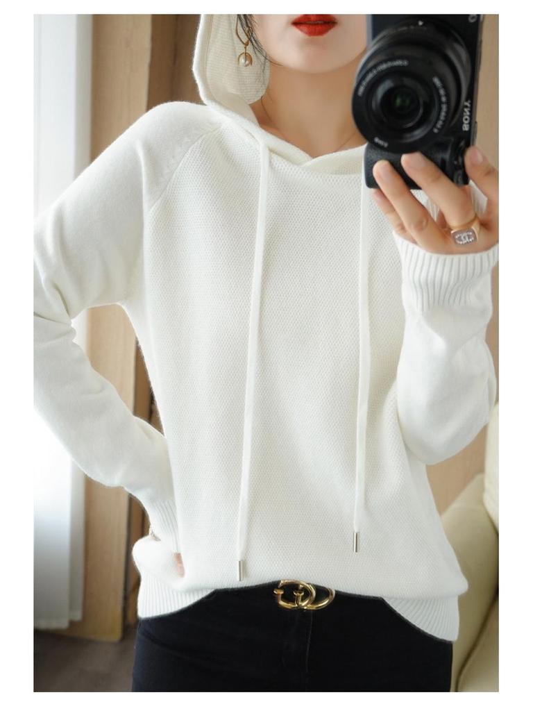 2025 Autumn/Winter Women's Hooded Knit Sweater - Long Sleeve, Solid Color, Loose Fit, Versatile Commuting Style
