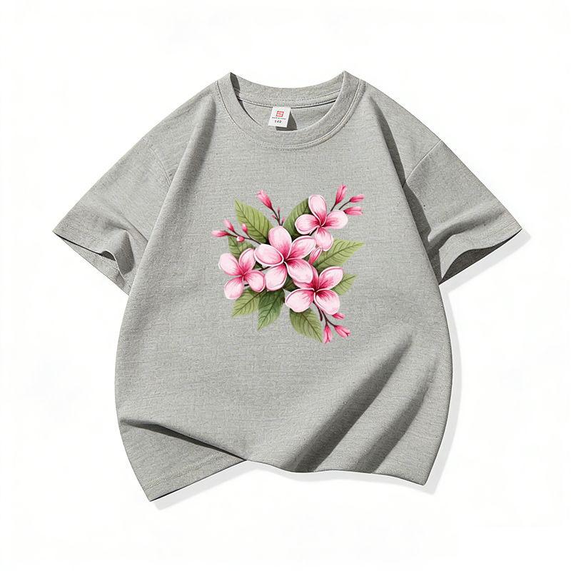Kids Cotton T Shirt Pink Plumeria Floral Print Crew Neck Short Sleeve Tee Casual Breathable Boys Girls Summer Tops