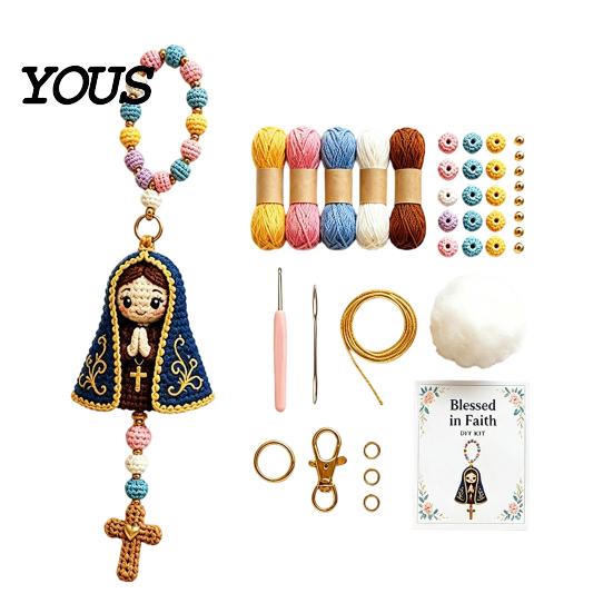 Crochet Faith Keychain DIY Kit, Handmade Women Angel Heart Pigeon Kit Keychain, Beginner Yarn Knitting Pendant, Religious Gift for Christian