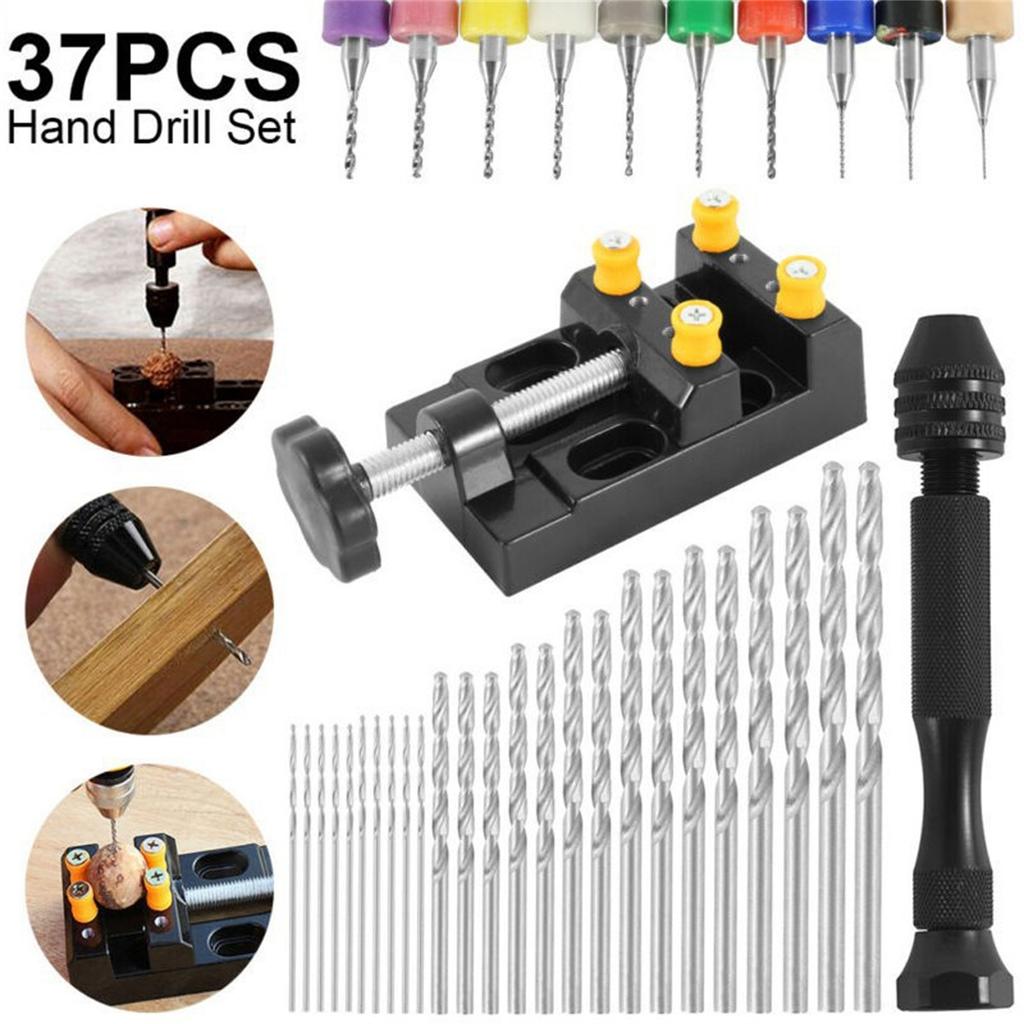 37pieces Hand Drill Tool Set With Pin Vise Hand Drill Mini Twist Drill Bits Bench Vice For DIY Jewelry Making Craft Carving (0.3-1.2 Mm)