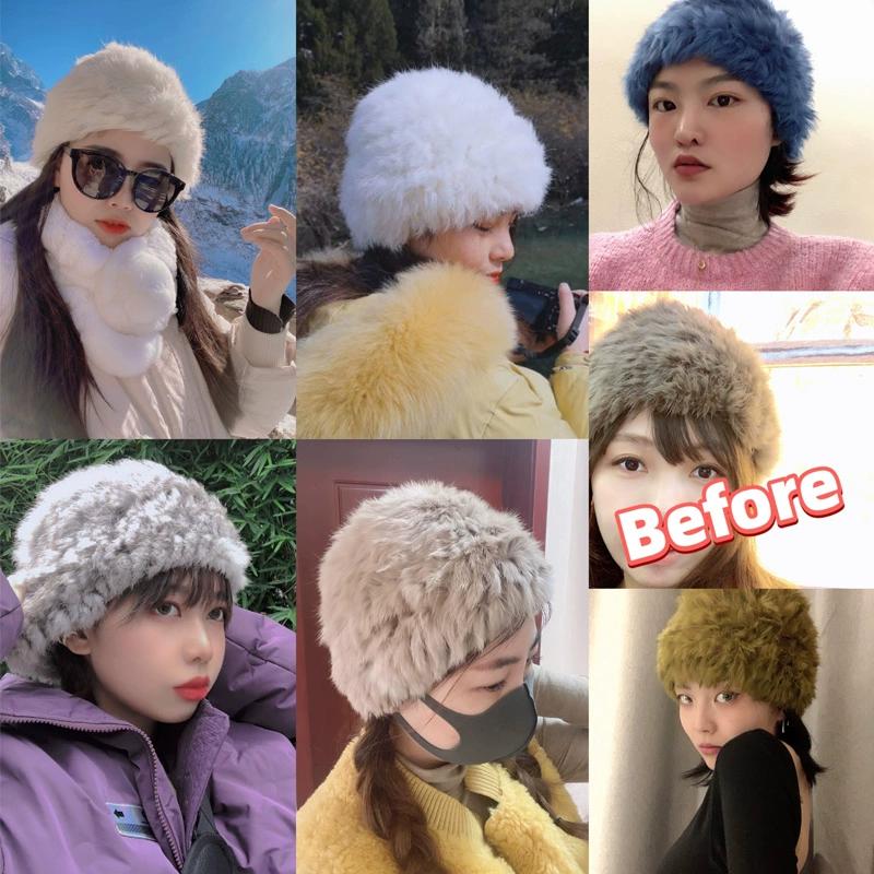 Женская меховая шапка из кроличьего меха Chuanxi Белая меховая шапка Меховая шапка для холодной погоды Теплая Плюшевая вязаная шапка Милый головной убор Осень и зима