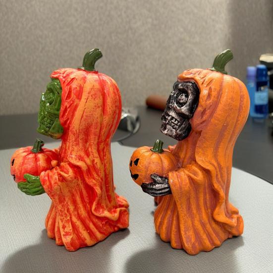 Halloween Pumpkin Ghost Statue Cartoon Skeleton Pumpkin Man Resin Figurine Sculpture Holiday Party Desktop Decoration Ornament