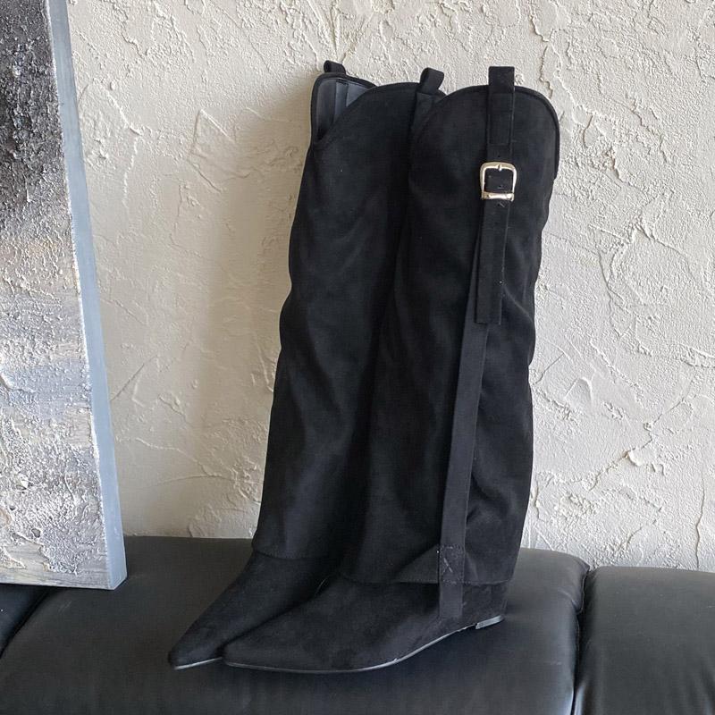 Модные ботильоны на танкетке с ремешком и пряжкой, на высоком каблуке, женские сапоги до колена в панк-стиле с острым носком для вечеринки, женская обувь