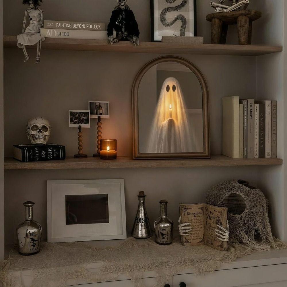 LED Glowing Ghost Mirror Battery Powered Halloween Ghost Mirror Indoor Outdoor
