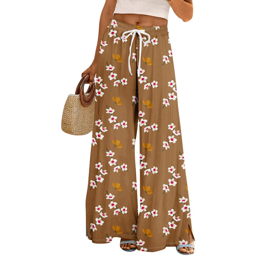 Women Summer Boho Palazzo Pants High Waist Wide Leg Rinting Casual Trousers With Pockets