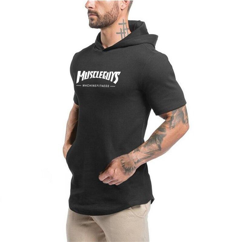 Muscleguys Летняя мужская футболка с капюшоном для фитнеса, бодибилдинга, молодежная спортивная футболка с капюшоном, модная универсальная повседневная футболка с коротким рукавом