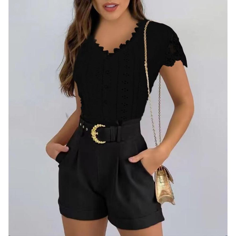 Summer New Elegant Fashion Chic T-shirt Women Basic Straight Solid Short Sleeve V Neck Hollow Lace Top