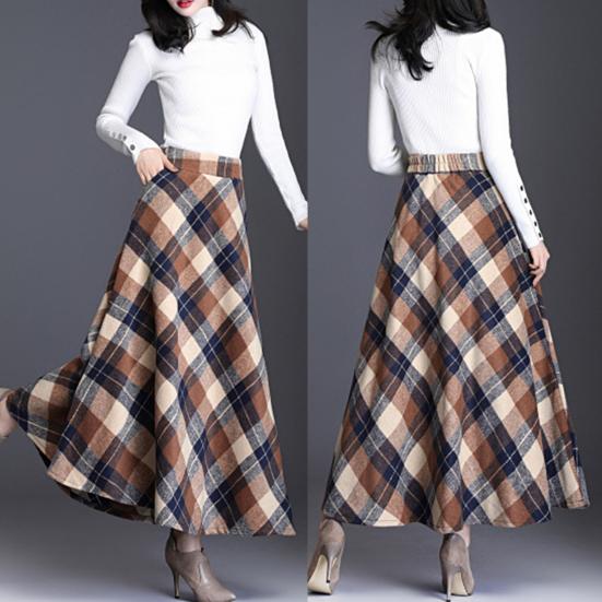 Женская шерстяная юбка с высокой талией и клетчатым принтом, юбка-трапеция, осень-зима, утолщенная юбка с большим подолом, повседневная одежда