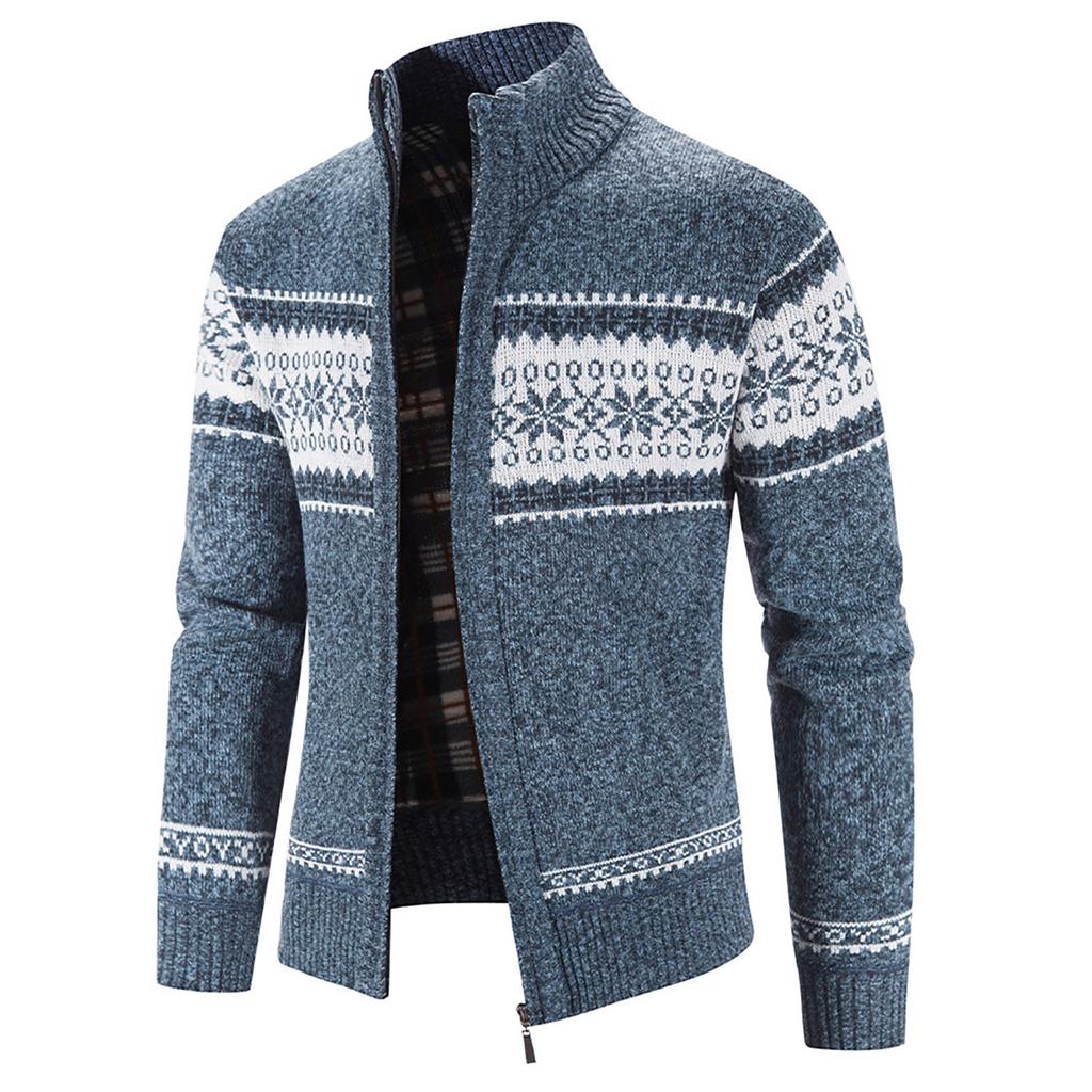 Men's Casual Autumn Winter Zipper Sweater Stand Collar Printed Cardigan Tops Sweater Blouse Coat