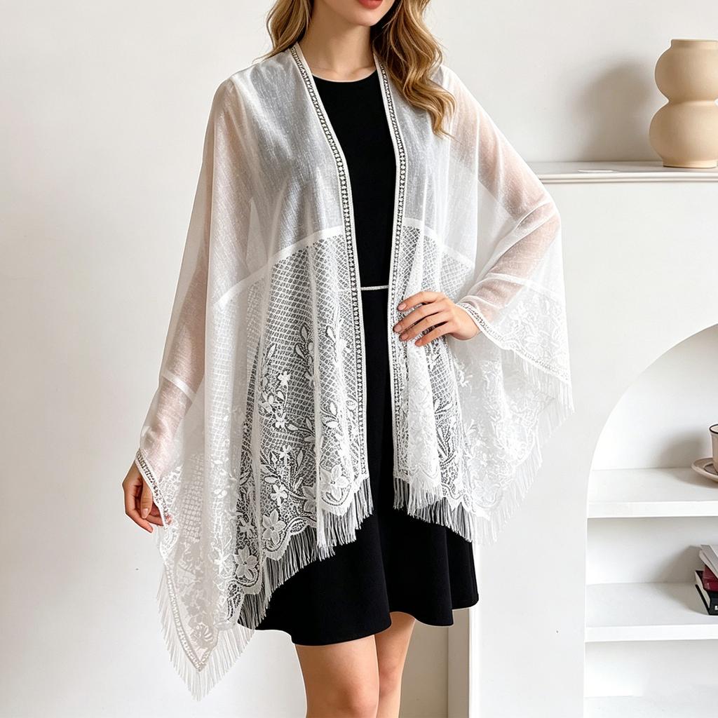 Women Lace Splicing Headscarf Shawl Lightweight Sheer Wrap Elegant Open Front Cover Up for Daily and Formal Wear