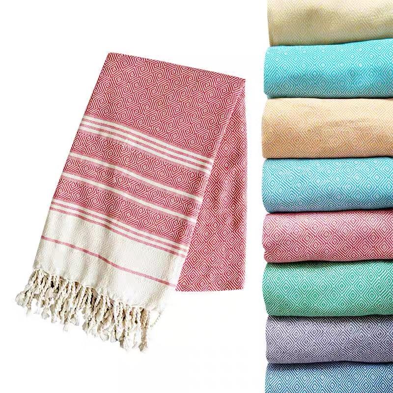 Striped Logo Sand-Free Outdoor Summer Travel Bath Pool Swim Use Colorful Cotton Turkish Beach Towel With Tassel