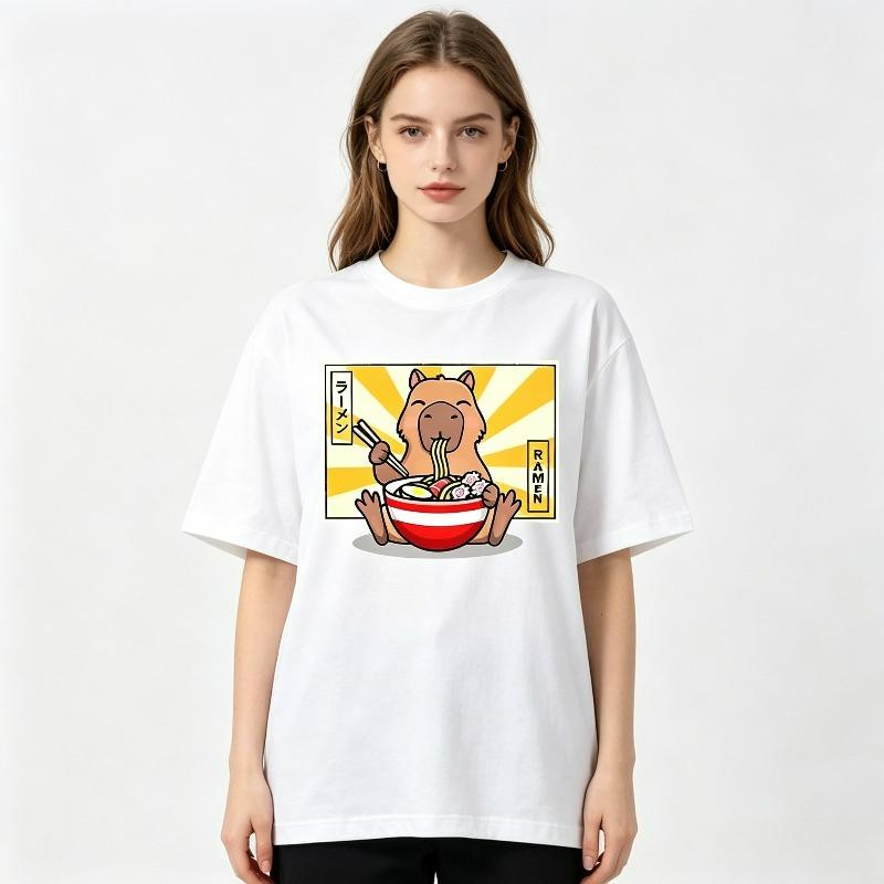 Unisex Cute Capybara Eating Raunisex Cartoon Graphic Tshirt Casual Loose Short Sleeve Summer Tee White Black Streetwear Tops