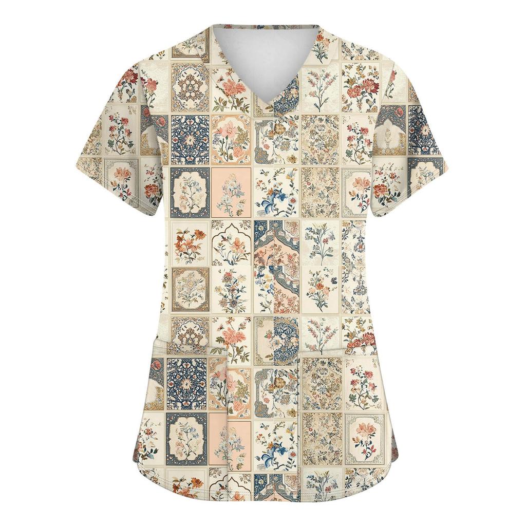 Women's Fashion V-neck Short Sleeve Workwear With Pockets Printed Tops