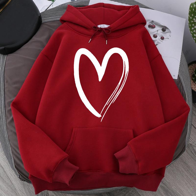 Sweatshirt Women's Heart-print Plush Top For Loose Casual Sports Hooded Pullover