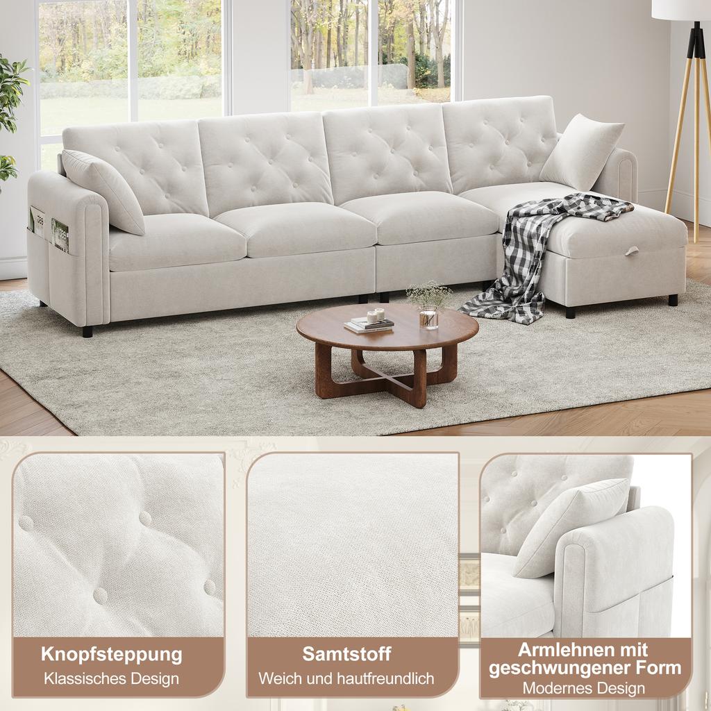 Modern Velvet Sofa with L-Shaped Corner Storage, Adjustable Left and Right, Magazine Pockets, Button-Tufted Backrest. Beige. (281×86×71 cm)