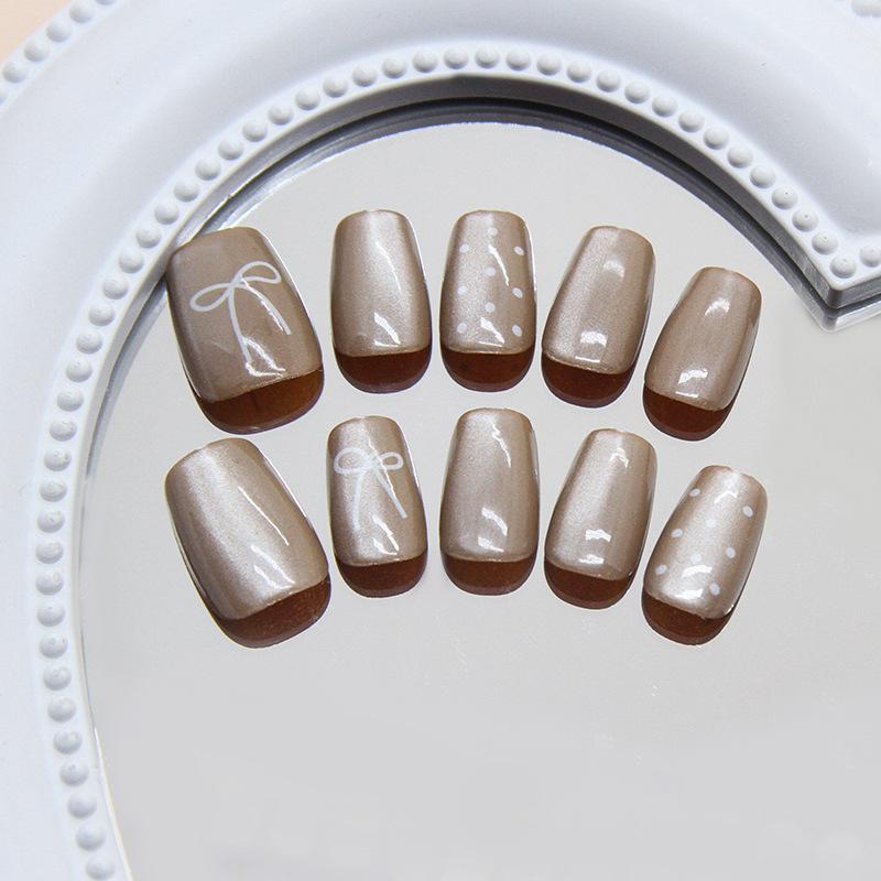 Light coffee line bow polka dot cat eye gentle white ins style manicure patch removable 30 pieces