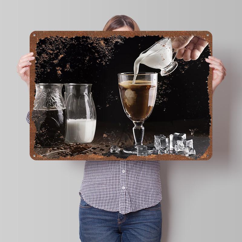 Iced Coffee With Milk Pouring Tinplate Poster Customized Wall Art Vintage Metal Signs Retro Tin Plaque for Bar Accessories Decor