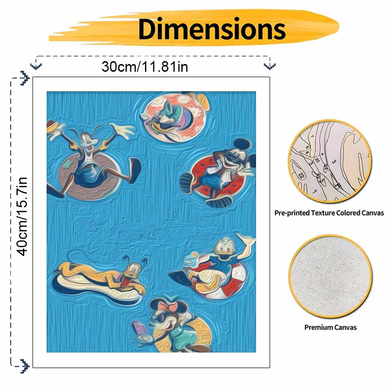 Disney Summer Vacation Oil Art Painting Kit Home Wall Decor Handmade Gift Mickey Mouse Friends Swimming Relaxing Fun Canvas Artwork