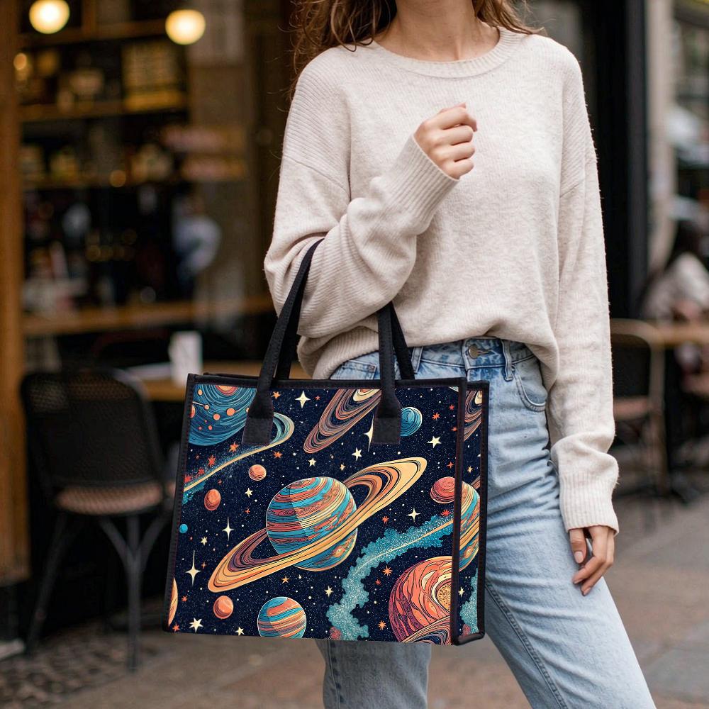 Planet Print Women Casual Tote Portable Large Space Pattern Daily Shoulder Bag