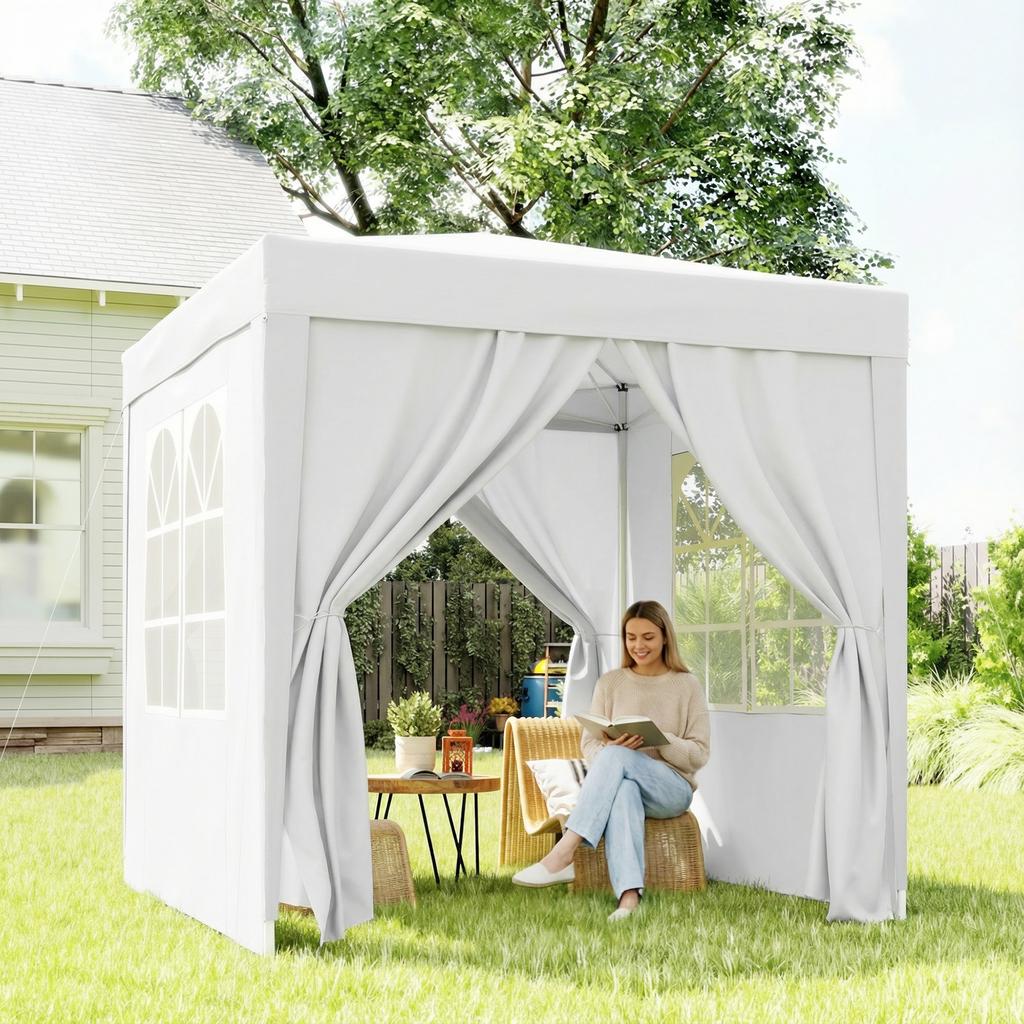 2x2m Pop Up Gazebo With Curtain Walls And Windows White