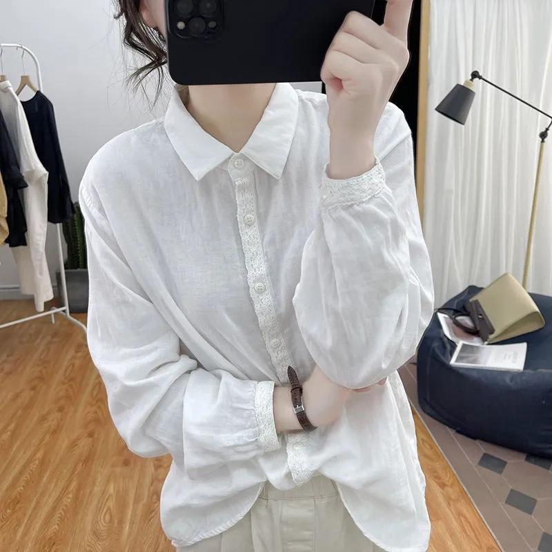 Однотонная рубашка из хлопка и льна в стиле ретро, женская рубашка на весну и осень, новый стиль, кружевная отделка, свободный низ, длинные рукава