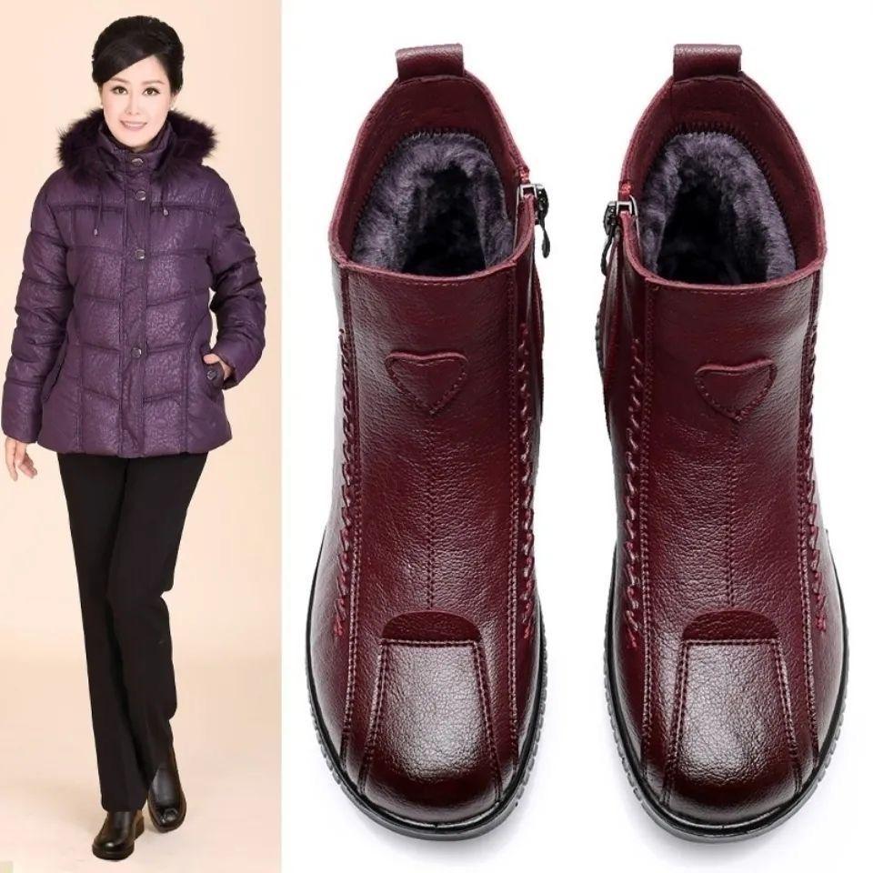 Женские ботильоны, зимние мокасины из натуральной кожи, повседневные женские кожаные ботинки, удобные черные ботинки для мам, новинка 2024 года