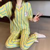 Simple girls pajamas women's spring new contrasting colors striped imitation cotton short-sleeved trousers casual loose loungewear