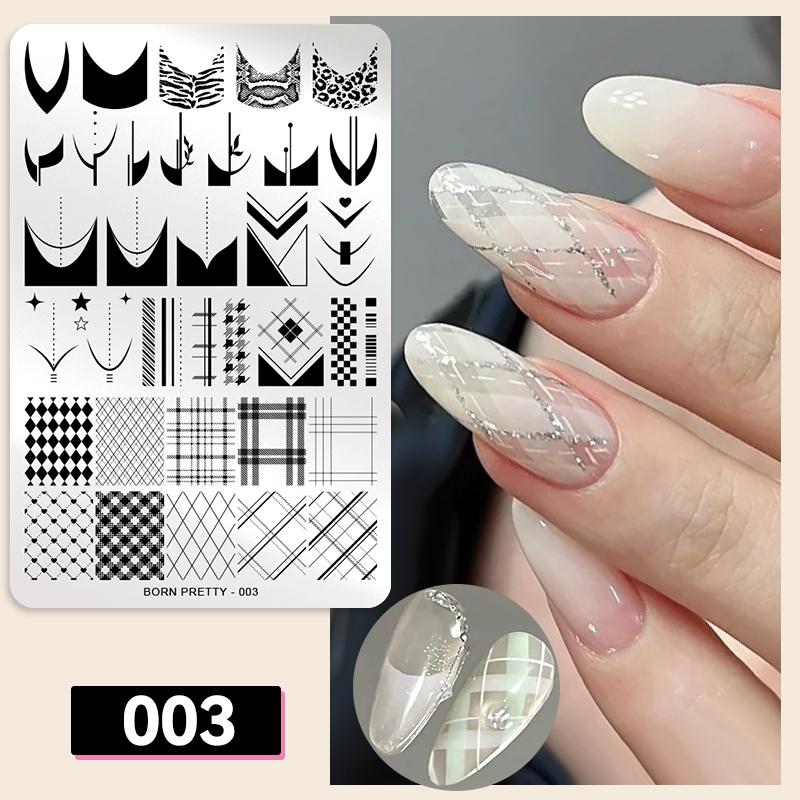 BORN PRETTY Classic Plaid French Nail Stamping Plates Easy Design Flower Leaves Nail Printing Stencil Floral Line Stamp Template