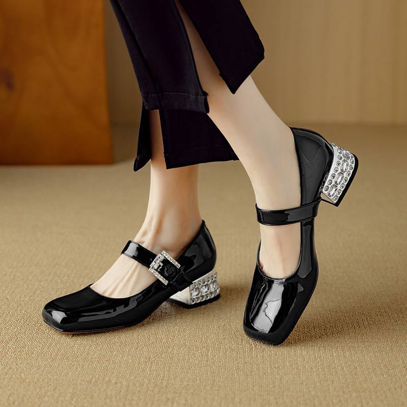 Krazing Pot Летние туфли из овчины размера 41 на среднем каблуке, Мэри Джейн с хрустальной пряжкой, квадратный носок, каблуки с бриллиантами, туфли-гладиаторы