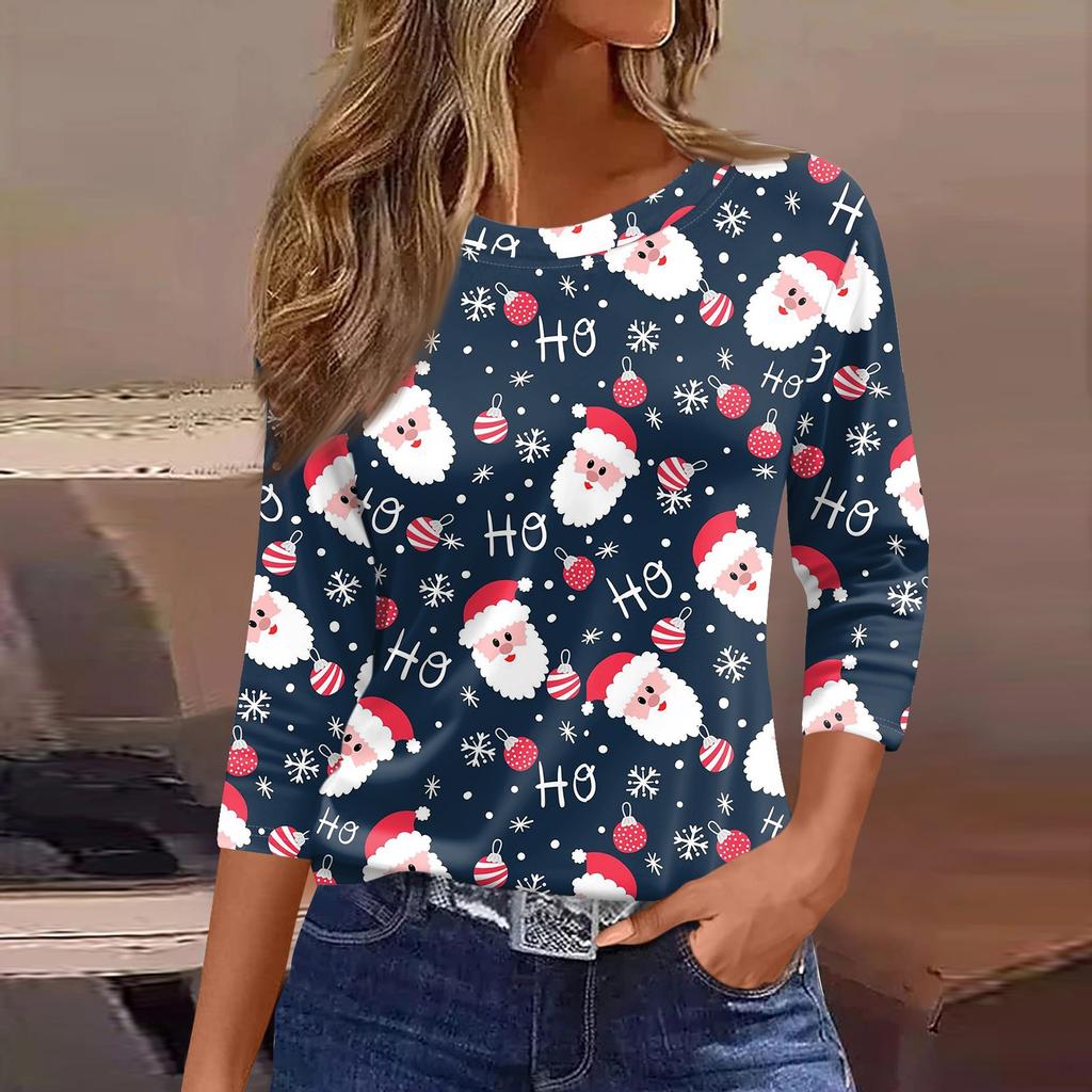 Женские топы, рубашка с семью рукавами, свободная футболка с круглым вырезом и принтом рождественского снеговика и елки