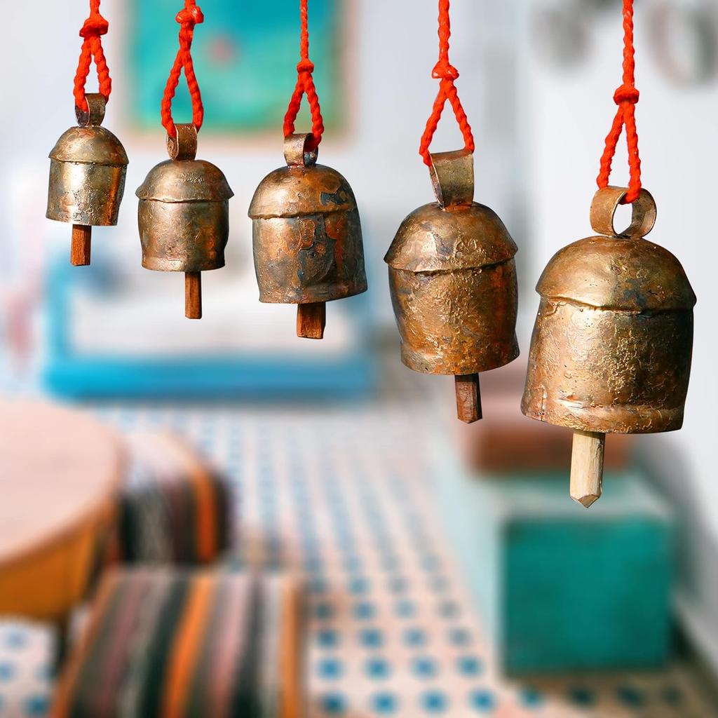 Handmade Rustic Wind Chimes for Outside with 5 Brass-Coated Metal Bells 30 Inch – Boho Outdoor Patio, Garden, Balcony & Farmhouse Decor