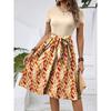 Women's Fashionable Retro Patterned Printing Color Blocked Belt Casual Dress