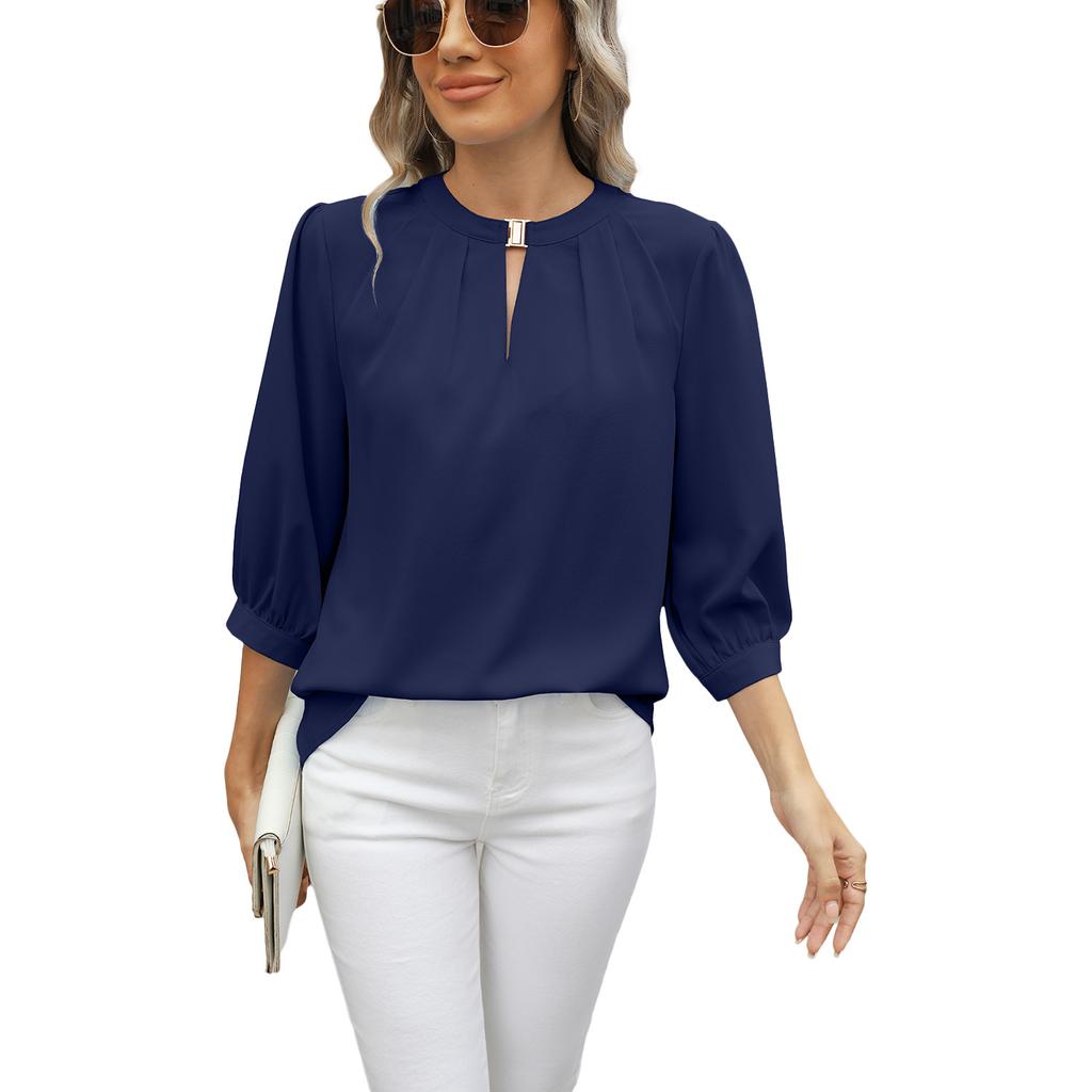 Женская весна-лето с коротким рукавом и круглым вырезом, однотонная рубашка-пуловер, блузка, топ