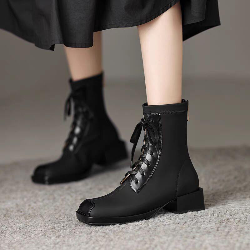 Square Head Side Zipper Chelsea Short Boots Women's 2025 Spring and Autumn Thick Heel Single Boots Martin Boots