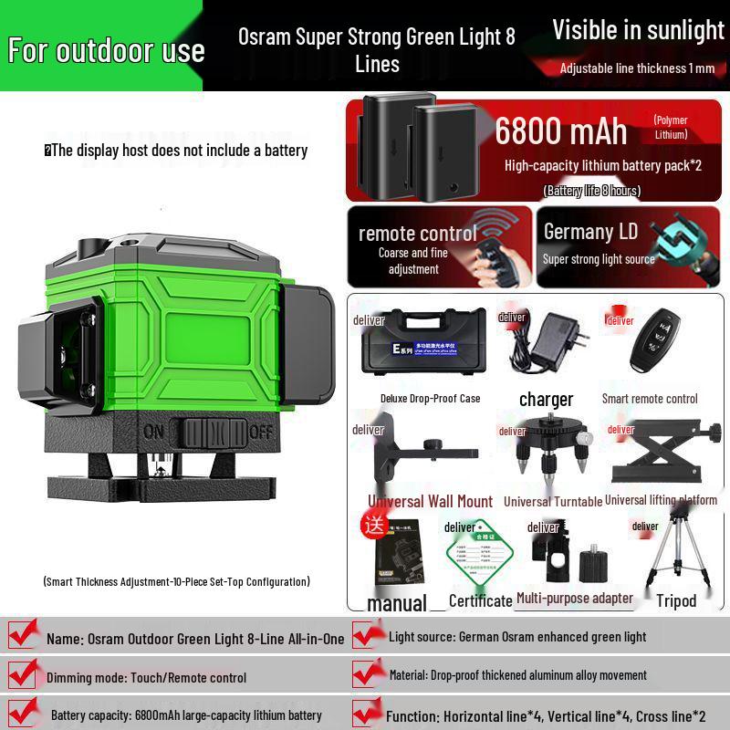 Green Light Laser 8/12/16 High-Precision Infrared Level for Walls/Floors