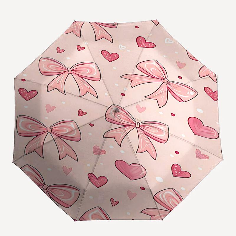 Pink Bow and Heart Patterned Automatic Opening Folding Umbrella with 8 Bone Iron Frame, Suitable for Fans, Travelers, Daily Use, and Festive