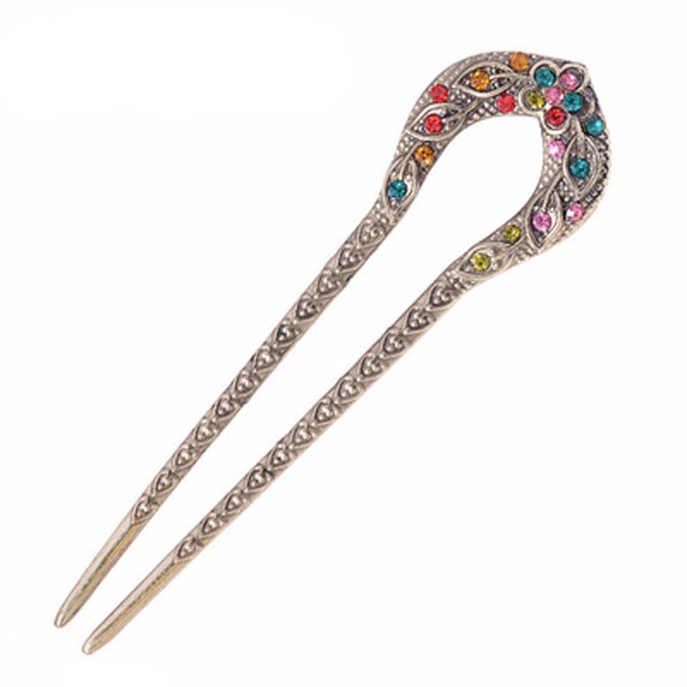 Antique Delicate Bronze Plated Rhinestone Flower Hair Accessories U-shaped Hairpins Stick Pin