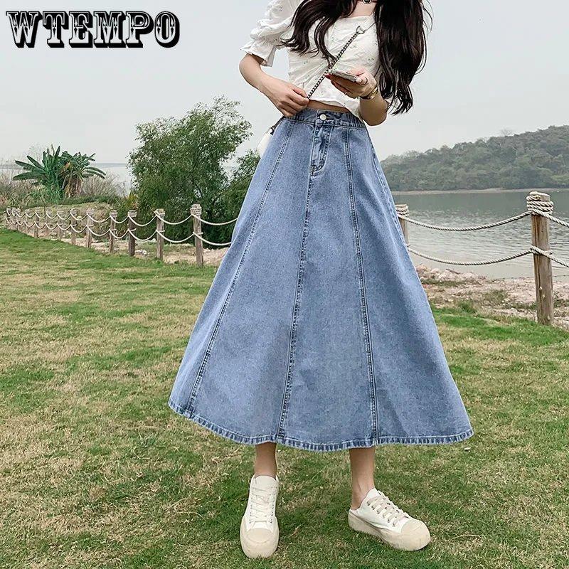 WTEMPO Женские джинсовые юбки трапециевидной формы, уличная одежда, свободная повседневная летняя летняя корейская стильная эластичная юбка с высокой талией, классическая винтажная синяя юбка