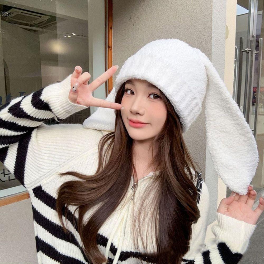 Knitted Rabbit Ear Hats Solid Color Plush Skull Cap Lovely Women Beanie Hat Girl