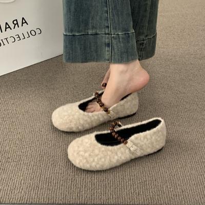 Французские туфли на плоской подошве, фея, ветер, шерсть ягненка, круглый носок, жемчуг, надпись, с пушистыми туфлями, женская обувь, осень и зима, новые хлопковые женские туфли